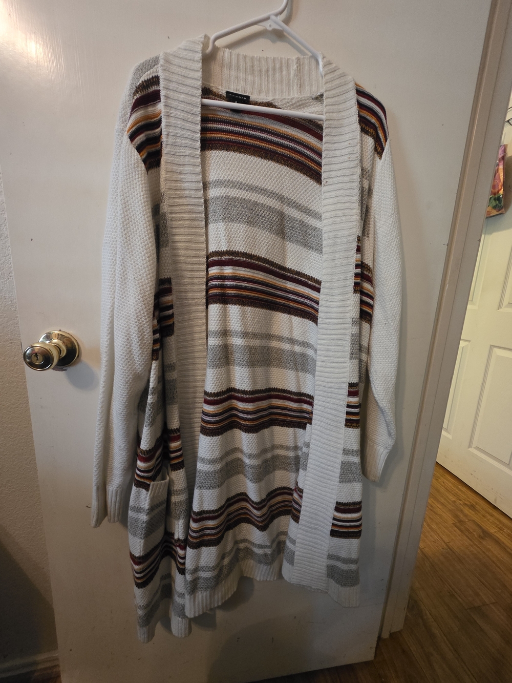torrid White Open-Front Cardigan with Burgundy, Gray and Brown Stripes